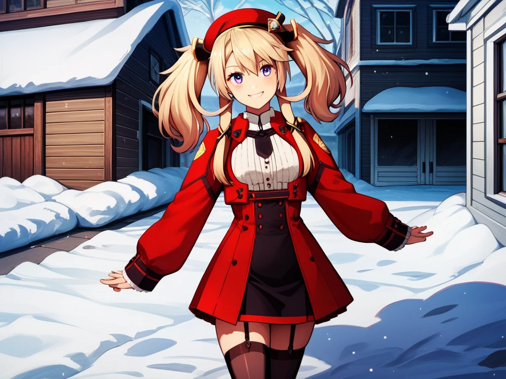 SashaNecron, blonde hair, twintails, solo,  uniform, black thighhighs, garter straps, hair ornament, light smile, purple eyes,short tie, red uniform, long sleeves, score_9,  score_8_up, score_7_up, score_6_up, source_anime, happy,pea coat,beret,fluffy scarf,maxi skirt ,outdoors, winter,snow, Best Quality, High resolution, Extremely detailed, Detailed background, Perfect Lighting