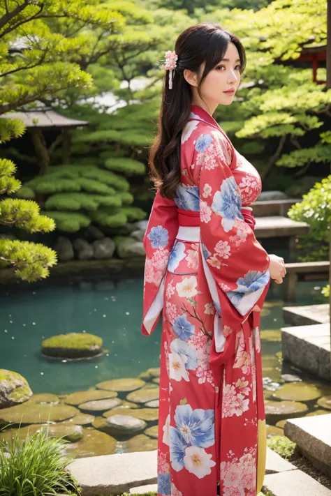standing in a Japanese garden、Beautiful woman、Very large breasts、(looking at viewer)、nature、kimono、Japanese clothing