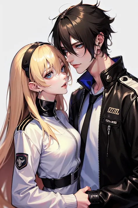 1 guy and. 1 girl. (tall man,(man is taller than me woman) messy black-haired man wearing a pilot space outfit.),(a thin woman, ...