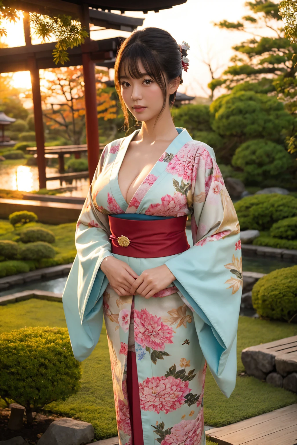 standing in a Japanese garden、Beautiful woman、Very large breasts、(looking at viewer)、nature、kimono、Japanese clothing、Details of the skin、real、Dim lighting、sunset