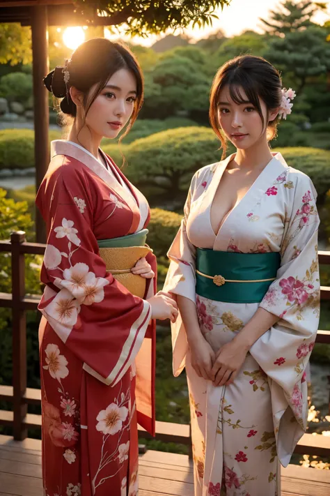 standing in a japanese garden、beautiful woman、very large breasts、(looking at viewer)、nature、kimono、japanese clothing、details of ...