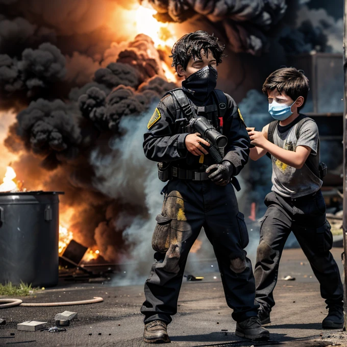 A boy covered in soot gets caught in an explosion along with his friend