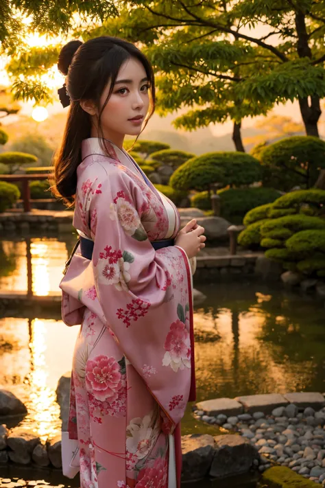 standing in a Japanese garden、Beautiful woman、Very large breasts、(looking at viewer)、nature、kimono、Japanese clothing、Details of ...