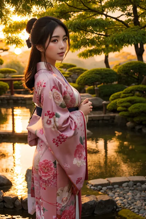 standing in a japanese garden、beautiful woman、very large breasts、(looking at viewer)、nature、kimono、japanese clothing、details of ...