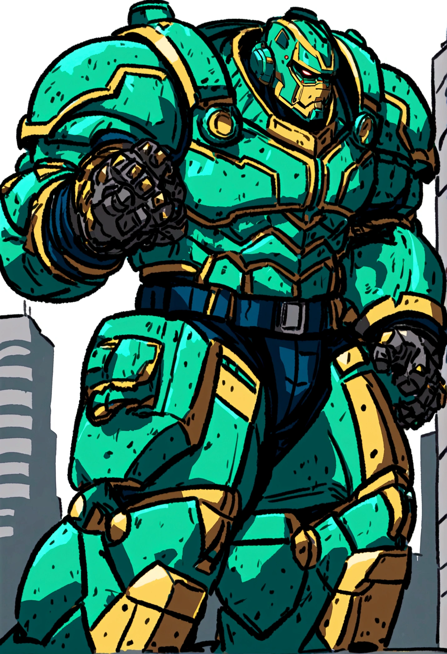 Hulkbuster armor from Marvel standing outside, Vancouver, Teal Green Wnite suit