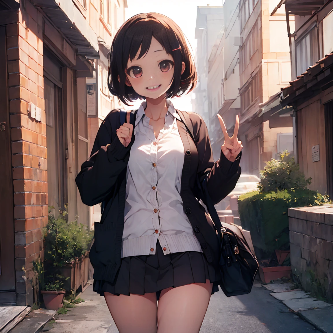 Smile,best Smile,double Peace,cardigan,miniskirt,masterpiece,best quality,ultra detailed,high resolution,extremely detailed CG, (perfect hand),