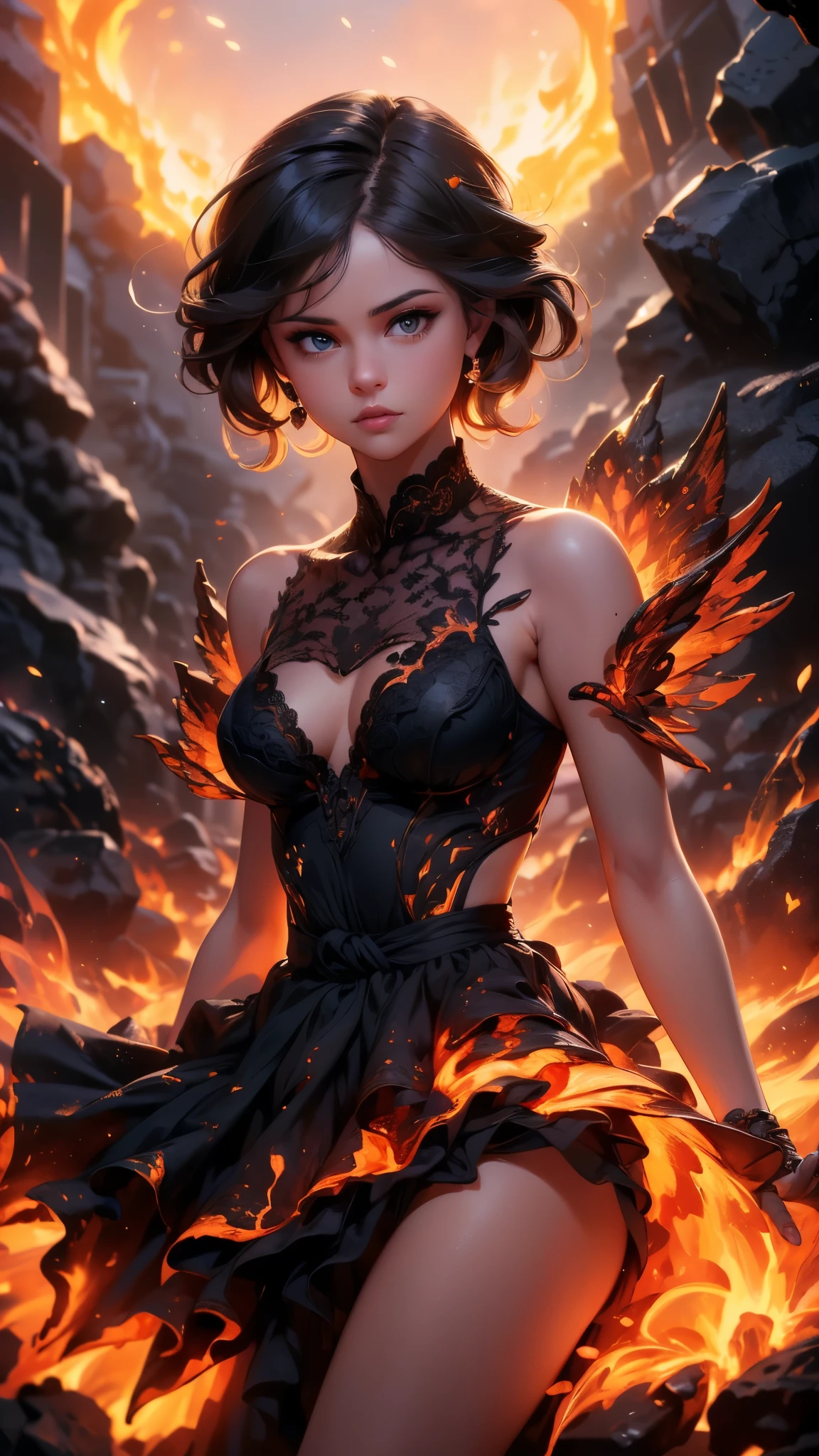 (La Best Quality,A high resolution,Ultra - detailed,current),Selena Gomez in a dress made of lava magma, (cabello elemento fuego:1.4 ) , (fire magma dress :1.4), ,(Ruined dungeon ruins background:1.4 ), More detailed 8K.unreal engine:1.4,uhd,La Best Quality:1.4, photorealistic:1.4, skin texture:1.4, Masterpiece:1.8,first work, Best Quality,object object], (detailed face features:1.3),(The correct proportions),(Beautiful blue eyes),  (dynamic cowboy pose), (Selena Gomez :1.4), (perfect anatomy :1.4),( cinematic lighting :1.4), (face detailed Selena Gomez :1.4), (magma alas grandes :1.4),( magma lingerie lace style :1.4), (skirt lifted by itself: 1.1), (skirt lift: 1.3), (showing white panties: 1.3), (fire element:1.4),(It consists of a fire element, (rodeado de magma lava:1.4), (vestido de magma V2.1), (piedras grandes magma negro :1.4), (including wisps of flames:1.4) , glowing hot embers, (subtle curls of smoke:1.4) , and a beautiful fire druid. (The druid stands in the midst of a raging inferno with an interesting composition:1.4) .(lava :1.4), (essence of fire:1.4) , painting of a firery demon elemetal