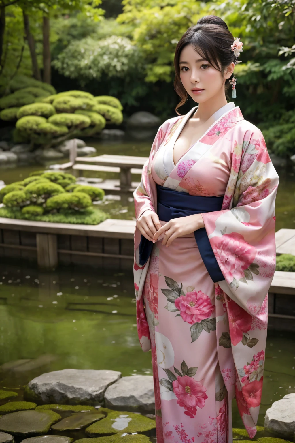 Stehend in einem japanischen Garten、schöne Frau、sehr große Brüste、(Betrachter betrachten)、Natur、Kimono、Japanische Kleidung、Details der Haut、real、Licht dimmen、geheimnisvoll、eine Szene aus einem Film