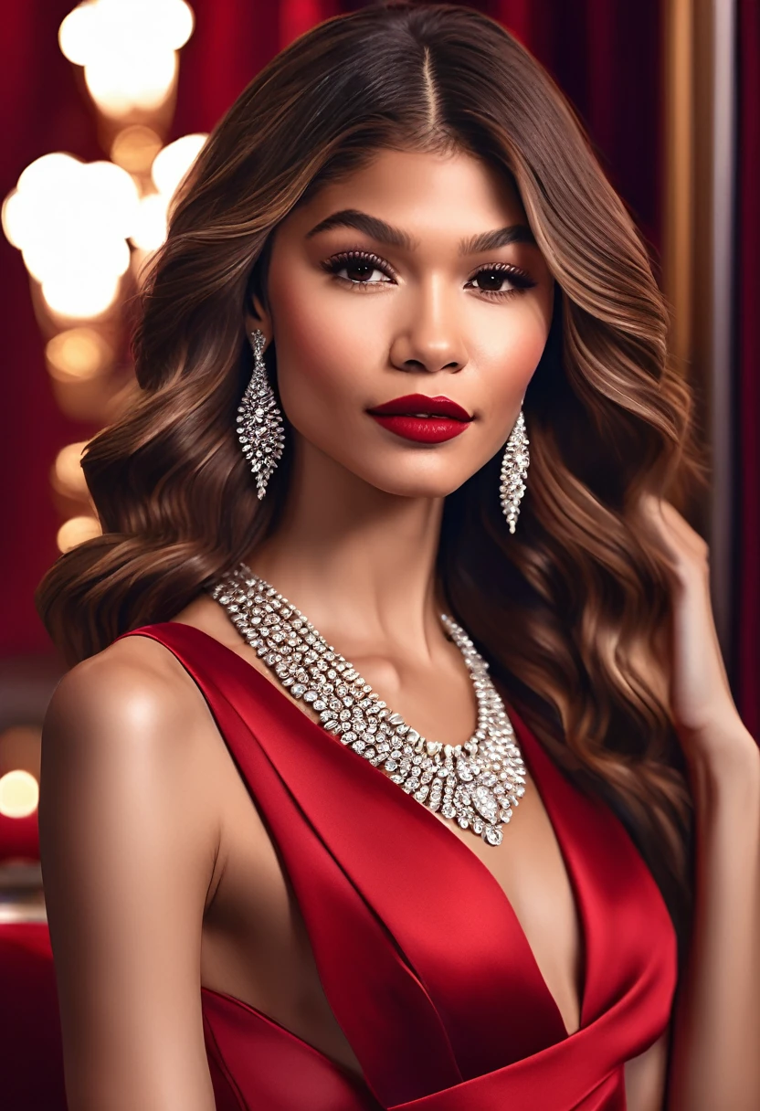 (Masterpiece artwork, 8K, uhd, high resolution: 1.4), stunning portrait of Zendaya, (long and wavy hair, brown color: 1.3), (deep brown eyes: 1.2), (elegant and tight red dress: 1.3), (confident and sensual pose: 1.3), (delicate and shiny jewelry: 1.2), (radiant and smooth skin: 1.2), (background with soft and sophisticated lighting: 1.1), (glamorous and sophisticated atmosphere: 1.3), details Intricate, (fashion and elegance elements: 1.2), (captivating and attractive perspective: 1.3) 