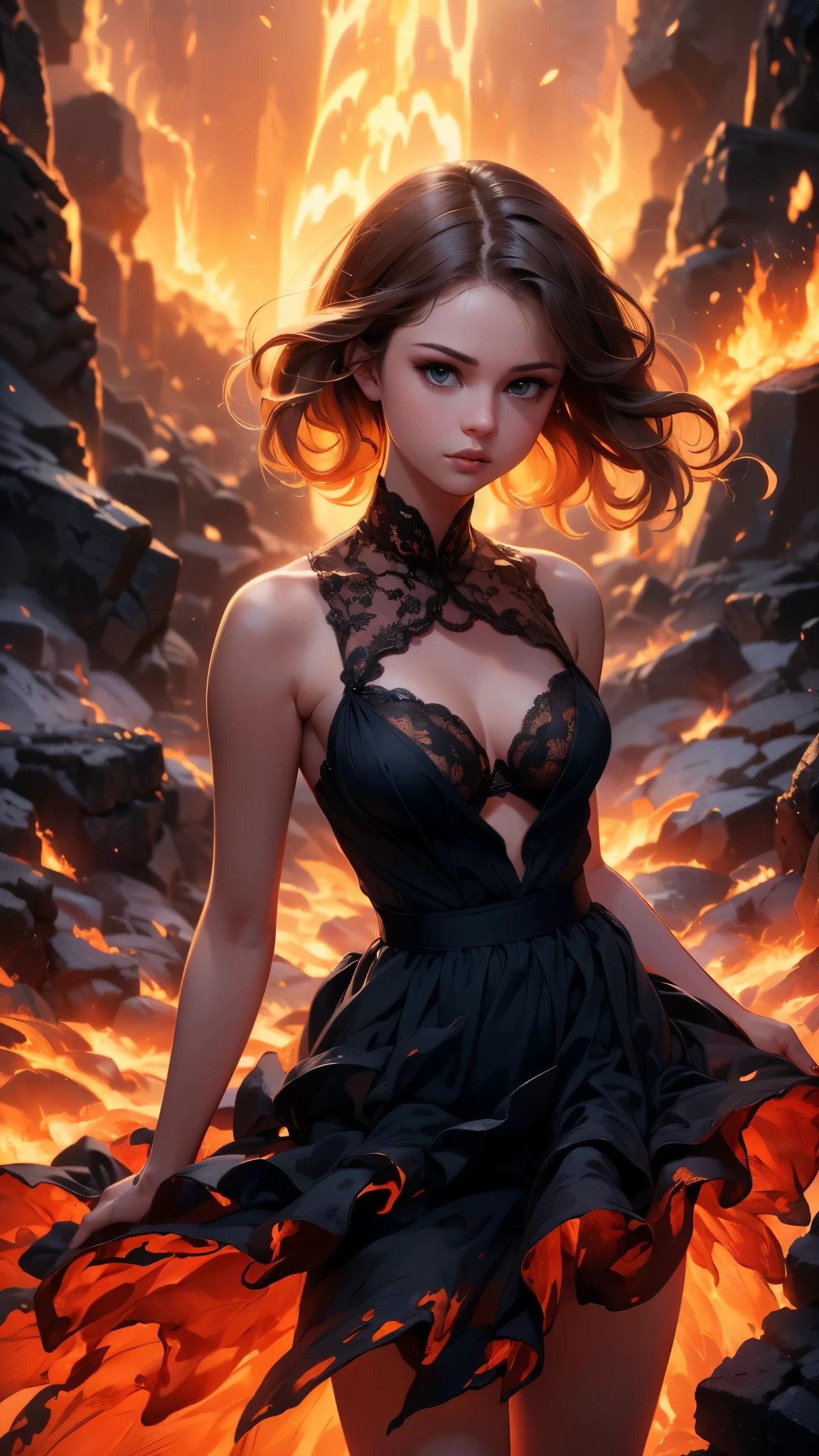 (La melhor qualidade,Uma alta resolução,ultra-detalhado,atual),Selena Gomez in a dress made of lava magma, (cabelo do elemento fogo:1.4 ) , (vestido de magma de fogo :1.4), ,(Fundo de ruínas de masmorras arruinadas:1.4 ), 8K mais detalhado.motor irreal:1.4,Ultra HD,La melhor qualidade:1.4, fotorrealista:1.4, textura da pele:1.4, obra de arte:1.8,primeiro trabalho, melhor qualidade,objeto Objeto], (características detalhadas do rosto:1.3),(As proporções corretas),(Lindos olhos azuis),  (pose de cowboy dinâmica), (Selena Gomez :1.4), (anatomia perfeita :1.4),( iluminação cinematográfica :1.4), (rosto detalhado de Selena Gomez :1.4), (magma alas grandes :1.4),( magma lingerie estilo renda :1.4), (elevador de saiaed by itself: 1.1), (elevador de saia: 1.3), (mostrando calcinha branca: 1.3), (elemento fogo:1.4),(It consists of a elemento fogo, (rodeado de magma lava:1.4), (vestido magma V2.1), (grandes pedras negras de magma :1.4), (incluindo tufos de chamas:1.4) , brasas quentes e brilhantes, (cachos sutis de fumaça:1.4) , e um lindo druida do fogo. (O druida está no meio de um inferno furioso com uma composição interessante:1.4) .(lava :1.4), (essência do fogo:1.4) , pintura de um elemento de demônio de fogo