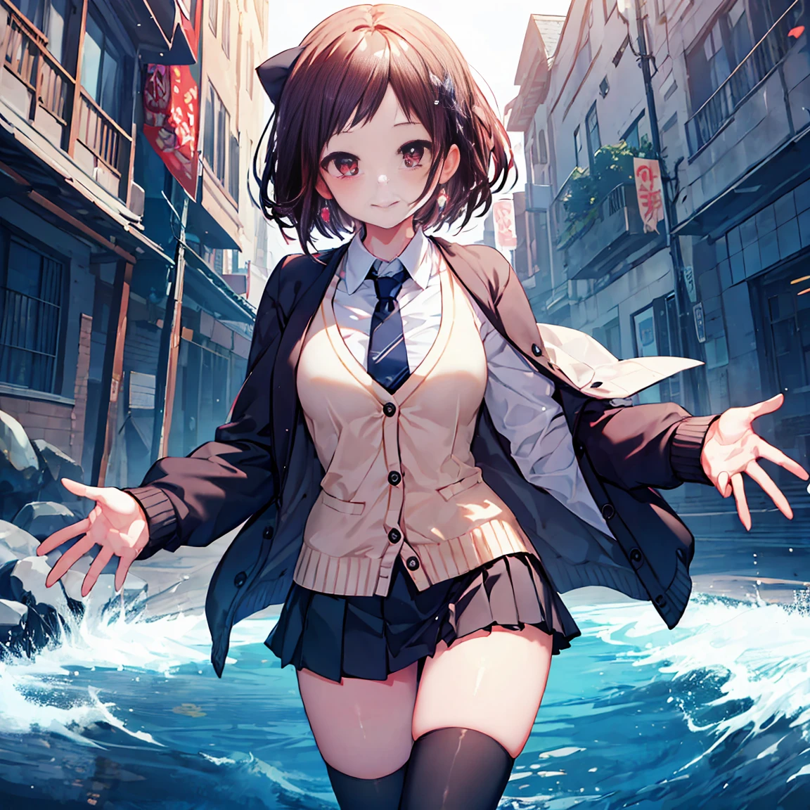 Smile,best Smile,double Peace,cardigan,miniskirt,masterpiece,best quality,ultra detailed,high resolution,extremely detailed CG, (perfect hand),