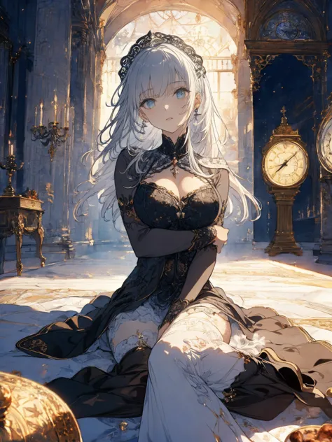 (Landscape photo, with a woman in the bottom right of photo:1.5, in white room with many clocks:1.5, Official art using high-qua...
