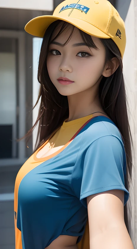 Fotos em cores brutas de alta definição, uma jovem asiática linda vestindo uma blusa amarela e azul e um boné de beisebol amarelo e laranja, 1 garota, Sozinho, cabelo castanho, selfie, realista, tem, cabelo longo