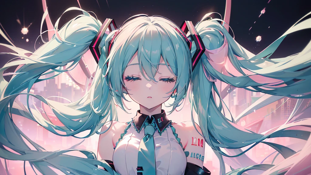 (Eyes closed)), (((Hatsune Miku))), (((Highest quality、masterpiece、Ultra-fine、Ultra-fine、Exquisite、16K、Full HD,high school girl,))) 、((Beautiful eyes)),Dark Eyes、Long eyelashes、White skin、(Pale pink lips、Pale pink cheeks、thin and long)、 ((cute)) ((One person)) 、((Black background))