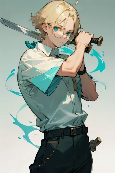 boy, blond, medium length hair, turquoise eyes, white short sleeve shirt, black trousers, round glasses with yellow lenses, swor...