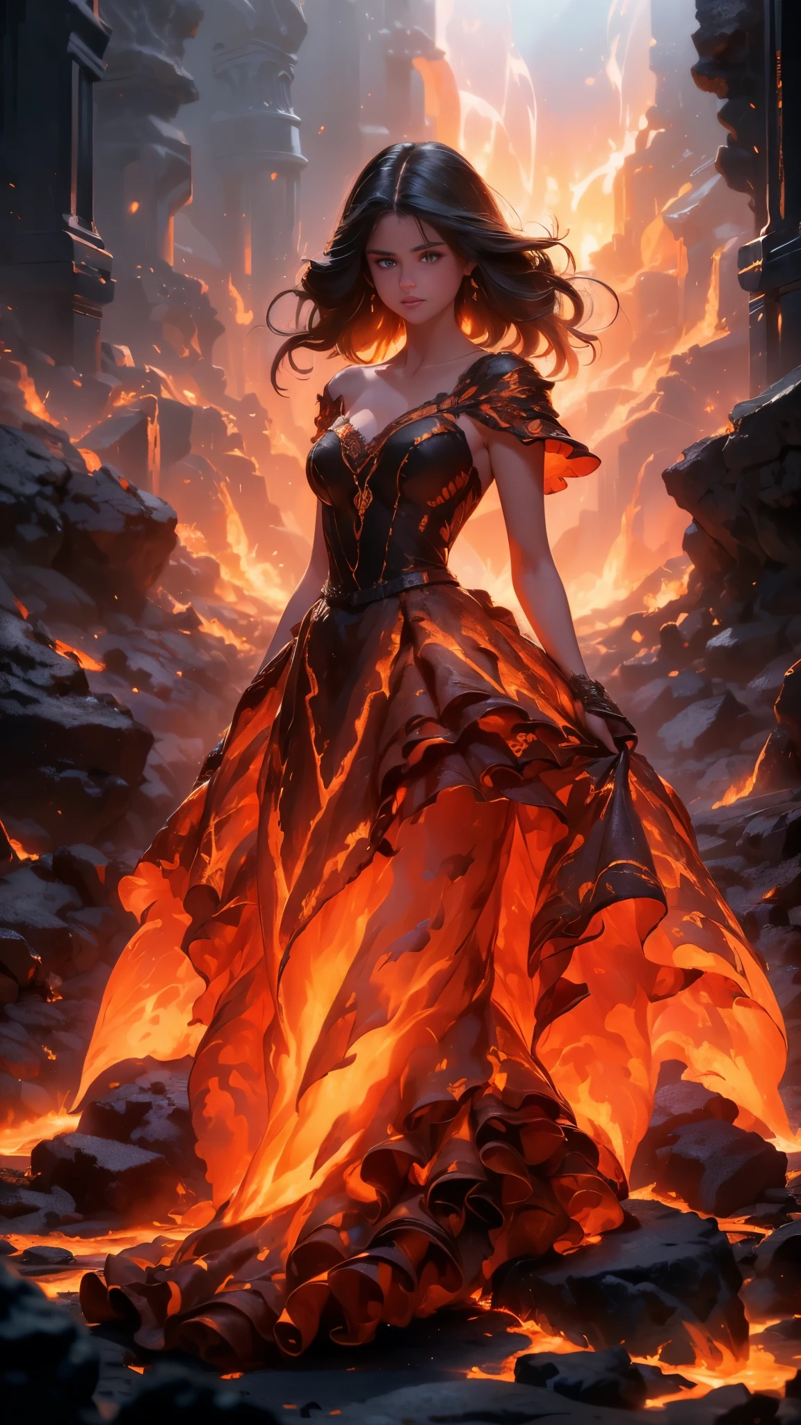 (La Best Quality,A high resolution,Ultra - detailed,current),Selena Gomez in a dress made of lava magma, (cabello elemento fuego:1.4 ) , (fire magma dress :1.4), ,(Ruined dungeon ruins background:1.4 ), More detailed 8K.unreal engine:1.4,uhd,La Best Quality:1.4, photorealistic:1.4, skin texture:1.4, Masterpiece:1.8,first work, Best Quality,object object], (detailed face features:1.3),(The correct proportions),(Beautiful blue eyes),  (dynamic cowboy pose), (Selena Gomez :1.4), (perfect anatomy :1.4),( cinematic lighting :1.4), (face detailed Selena Gomez :1.4), (magma alas grandes :1.4),( magma lingerie lace style :1.4), (skirt lifted by itself: 1.1), (skirt lift: 1.3), (showing white panties: 1.3), (fire element:1.4),(It consists of a fire element, (rodeado de magma lava:1.4), (vestido de magma V2.1), (piedras grandes magma negro :1.4), (including wisps of flames:1.4) , glowing hot embers, (subtle curls of smoke:1.4) , and a beautiful fire druid. (The druid stands in the midst of a raging inferno with an interesting composition:1.4) .(lava :1.4), (essence of fire:1.4) , painting of a firery demon elemetal