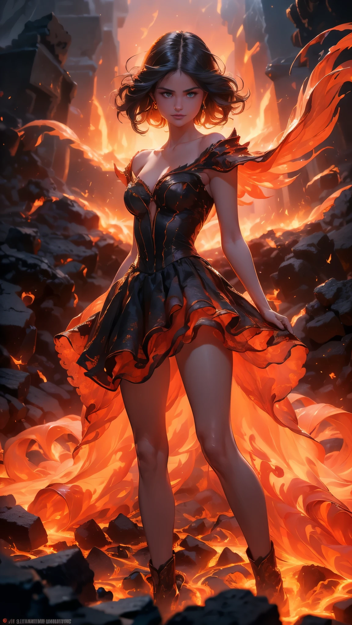 (La mejor calidad,Una alta resolución,ultra-detallado,actual),Selena Gomez in a dress made of suficiente magma, (cabello elemento fuego:1.4 ) , (vestido de magma de fuego :1.4), ,(Fondo de ruinas de mazmorra en ruinas:1.4 ), 8K más detallado.Motor irreal:1.4,HD,La mejor calidad:1.4, Fotorrealista:1.4, textura de la piel:1.4, obra maestra:1.8,primer trabajo, mejor calidad,objeto Objeto], (rasgos faciales detallados:1.3),(Las proporciones correctas),(hermosos ojos azules),  (pose dinámica de vaquero), (Selena Gomez :1.4), (anatomía perfecta :1.4),( iluminación cinematográfica :1.4), (rostro detallado de Selena Gomez :1.4), (magma  grandes :1.4),( lenceria magma estilo encaje :1.4), (Levantamiento de faldaed by itself: 1.1), (Levantamiento de falda: 1.3), (mostrando bragas blancas: 1.3), (elemento de fuego:1.4),(It consists of a elemento de fuego, (rodeado de magma suficiente:1.4), (vestido de magma V2.1), (piedras grandes magma negro :1.4), (incluyendo volutas de llamas:1.4) , brasas calientes, (sutiles rizos de humo:1.4) , y una hermosa druida del fuego. (El druida se encuentra en medio de un infierno furioso con una composición interesante.:1.4) .(suficiente :1.4), (esencia de fuego:1.4) , pintura de un elemento demonio de fuego