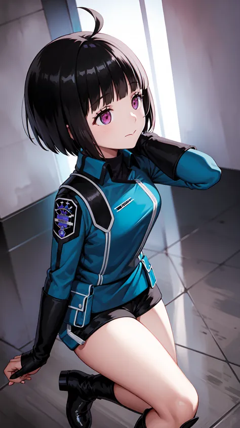 one girl, alone, amateur_chika, short hair, black hair, blunt bangs, bobcut, ahoge, purple eyes, long sleeve, blue jacket, unifo...