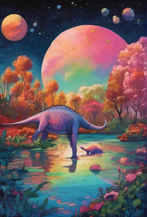 At the edge of a serene lagoon that reflects the colors of the cosmos, a family of multi-colored Parasaurolophuses grazes peacef...