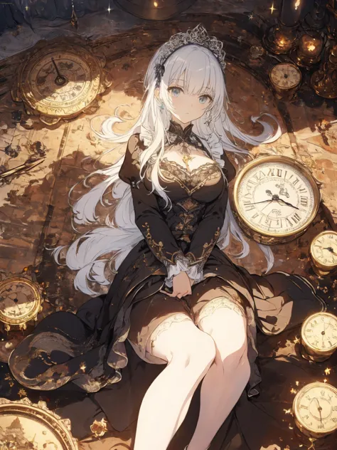 (Landscape photo, with a woman in the bottom right of photo:1.5, in white room with many clocks:1.5, Official art using high-qua...