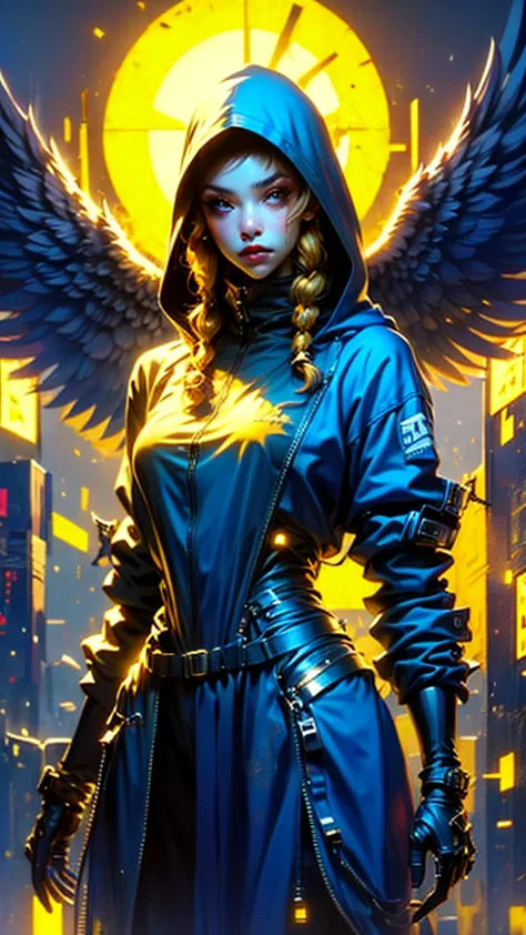 a golden armored angel, wings made of energy, metallic halo, faceless, hooded, gold, fantasy, concept art, ultra realistic, char...