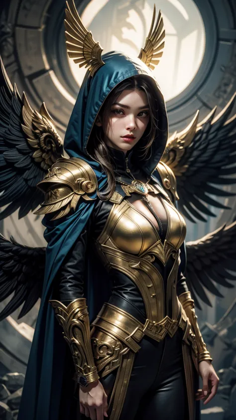 a golden armored angel, wings made of energy, metallic halo, faceless, hooded, gold, fantasy, concept art, ultra realistic, char...