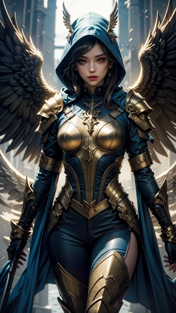 a golden armored angel, wings made of energy, metallic halo, faceless, hooded, gold, fantasy, concept art, ultra realistic, character art by Greg Rutkowski, best quality, 4k, 8k, highres, masterpiece:1.2, ultra-detailed, realistic, photorealistic, photo-realistic:1.37, HDR, UHD, studio lighting, ultra-fine painting, sharp focus, physically-based rendering, extreme detail description, professional, vivid colors, bokeh