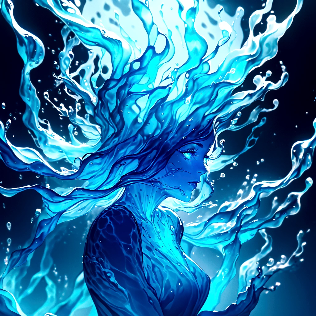 a genasi made of water, woman with water-like skin and flowing blue hair, beautiful detailed eyes, beautiful detailed lips, extremely detailed face, long eyelashes, graceful pose, underwater scene, glowing bioluminescent plants, ethereal lighting, cinematic, dramatic, vibrant colors, fantasy, digital painting, 8k, hyper detailed, masterpiece