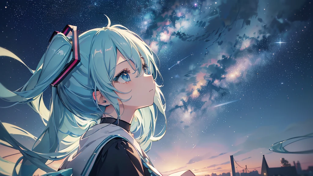 ((Starry Sky)), ((Beautiful eyes)), (((Hatsune Miku))), (((Highest quality、masterpiece、Ultra-fine、Ultra-fine、Exquisite、16K、Full HD,high school girl,))) 、(((profile、Looking up))),Long eyelashes、White skin、(thin and long)、 ((cute)) ((One person)) 、night