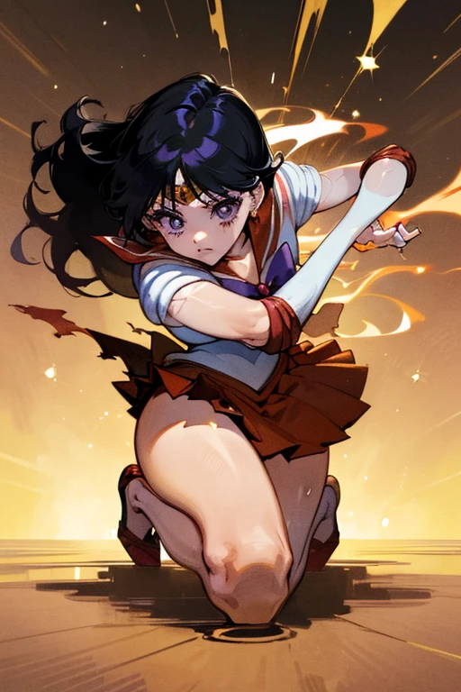 (Very detailed), (masterpiece), (Highest quality), (Super detailed), (Best illustrations), (Absurd),  Mid-chest, Detailed hands, Sailor Mars,I'm injured、On one knee、Crippling、（((Her costume is torn and her skin is showing)))、Bleeding、enduring pain、(((Hands tied)))、Under heavy enemy attack