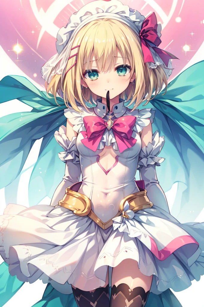 Small breasts,blonde,Hair above one eye,Green Eyes,Laughing with your mouth open,tights, ((Pink magical girl costume)),Removable sleeves,beret,ribbon,(masterpiece,Best image quality,Highest quality) Browsing Caution