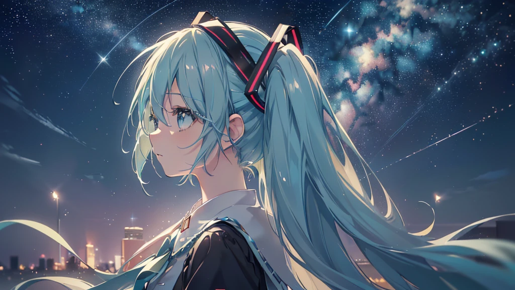 ((Starry Sky)), ((Beautiful eyes)), (((Hatsune Miku))), (((Highest quality、masterpiece、Ultra-fine、Ultra-fine、Exquisite、16K、Full HD,high school girl,))) 、(((profile、Looking up))),Long eyelashes、White skin、(thin and long)、 ((cute)) ((One person)) 、night