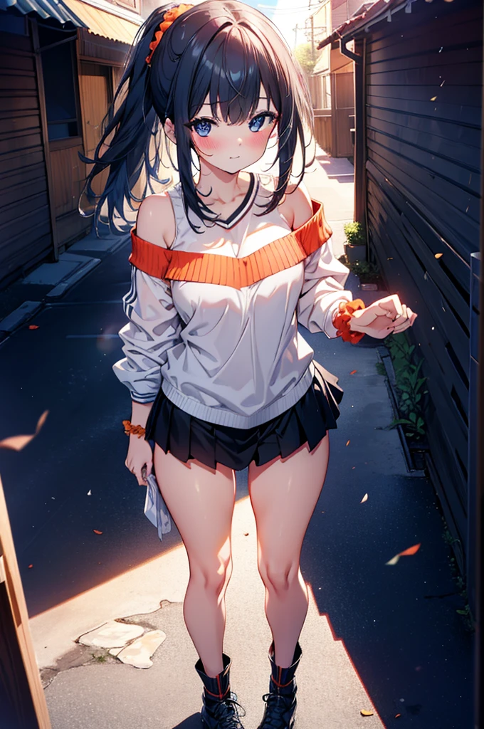 Rikka body, Affluent backstreets, Black Hair, blue eyes, Long Hair, orange Scrunchie, Scrunchie, wrist Scrunchie,happy smile, smile, Open your mouth,blush,Oversized red one-shoulder sweater,mini skirt,short boots,Walking,So that the whole body goes into the illustration,morning,morning陽,The sun is rising,
Destroy outdoors, Building district,
壊す looking at viewer, Systemic
break (masterpiece:1.2), Highest quality, High resolution, unity 8k wallpaper, (figure:0.8), (Beautiful attention to detail:1.6), Highly detailed face, Perfect lighting, Highly detailed CG, (Perfect hands, Perfect Anatomy),