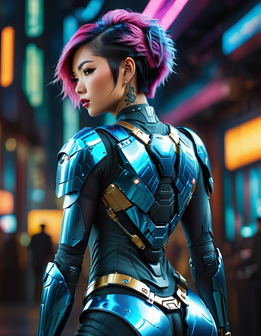 beautiful busty Asian woman, punk hair style, full body view from behind, long legs, tattoo 1girl, futuristic, sci-fi, art deco armor, intricate detailed face, hyper realistic, photorealistic, 8k, (best quality,4k,8k,highres,masterpiece:1.2),ultra-detailed,(realistic,photorealistic,photo-realistic:1.37),HDR,UHD,studio lighting,ultra-fine painting,sharp focus,physically-based rendering,extreme detail description,professional,vivid colors,bokeh,cinematic lighting,dramatic lighting,chiaroscuro,dramatic contrast,moody,cyberpunk,highly detailed