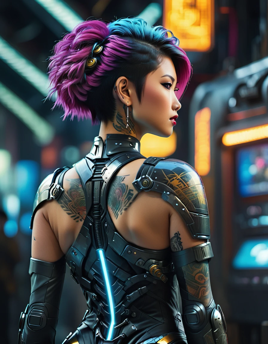 beautiful busty Asian woman, punk hair style, full body view from behind, long legs, tattoo 1girl, futuristic, sci-fi, art deco armor, intricate detailed face, hyper realistic, photorealistic, 8k, (best quality,4k,8k,highres,masterpiece:1.2),ultra-detailed,(realistic,photorealistic,photo-realistic:1.37),HDR,UHD,studio lighting,ultra-fine painting,sharp focus,physically-based rendering,extreme detail description,professional,vivid colors,bokeh,cinematic lighting,dramatic lighting,chiaroscuro,dramatic contrast,moody,cyberpunk,highly detailed