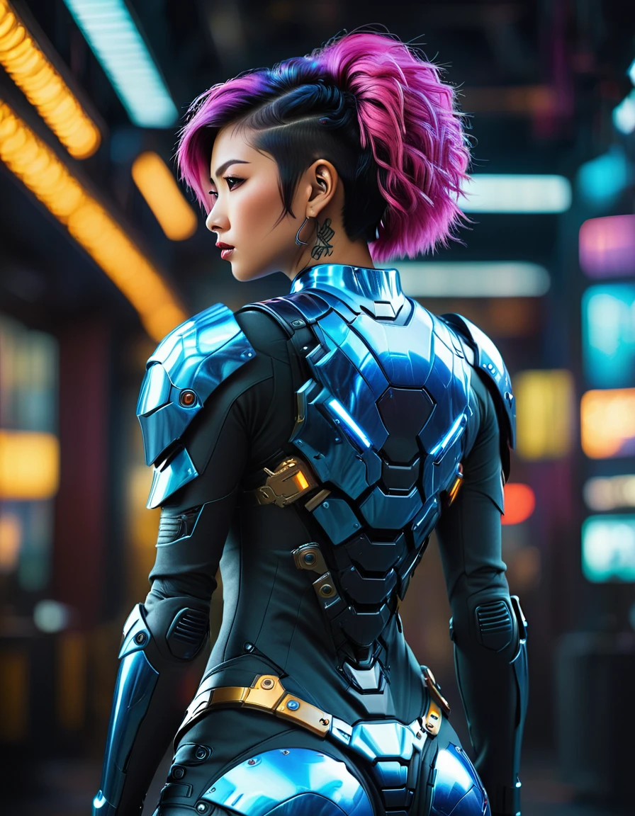 beautiful busty Asian woman, punk hair style, full body view from behind, long legs, tattoo 1girl, futuristic, sci-fi, art deco armor, intricate detailed face, hyper realistic, photorealistic, 8k, (best quality,4k,8k,highres,masterpiece:1.2),ultra-detailed,(realistic,photorealistic,photo-realistic:1.37),HDR,UHD,studio lighting,ultra-fine painting,sharp focus,physically-based rendering,extreme detail description,professional,vivid colors,bokeh,cinematic lighting,dramatic lighting,chiaroscuro,dramatic contrast,moody,cyberpunk,highly detailed