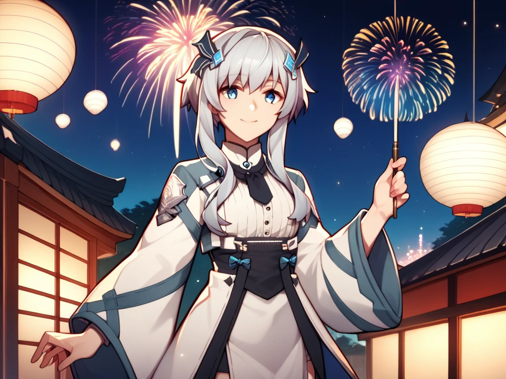 MishaNecron, short hair with long locks, solo, White kimono with floral pattern, gray hair, gray thighs, hair ornament, faint smile, blue eyes, long sleeves, score_9, score_8_up, score_7_up, score_6_up, source_anime, fantasy, fireworks festival background,