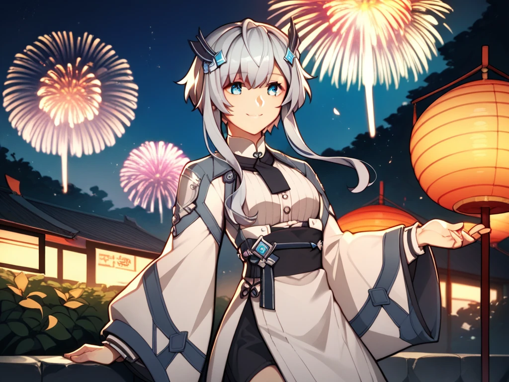 MishaNecron, short hair with long locks, solo, White kimono with floral pattern, gray hair, gray thighs, hair ornament, faint smile, blue eyes, long sleeves, score_9, score_8_up, score_7_up, score_6_up, source_anime, fantasy, fireworks festival background,