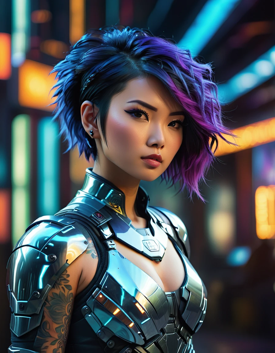 beautiful busty Asian woman, punk hair style, full body view, long legs, tattoo 1girl, futuristic, sci-fi, art deco armor, intricate detailed face, hyper realistic, photorealistic, 8k, (best quality,4k,8k,highres,masterpiece:1.2),ultra-detailed,(realistic,photorealistic,photo-realistic:1.37),HDR,UHD,studio lighting,ultra-fine painting,sharp focus,physically-based rendering,extreme detail description,professional,vivid colors,bokeh,cinematic lighting,dramatic lighting,chiaroscuro,dramatic contrast,moody,cyberpunk,highly detailed