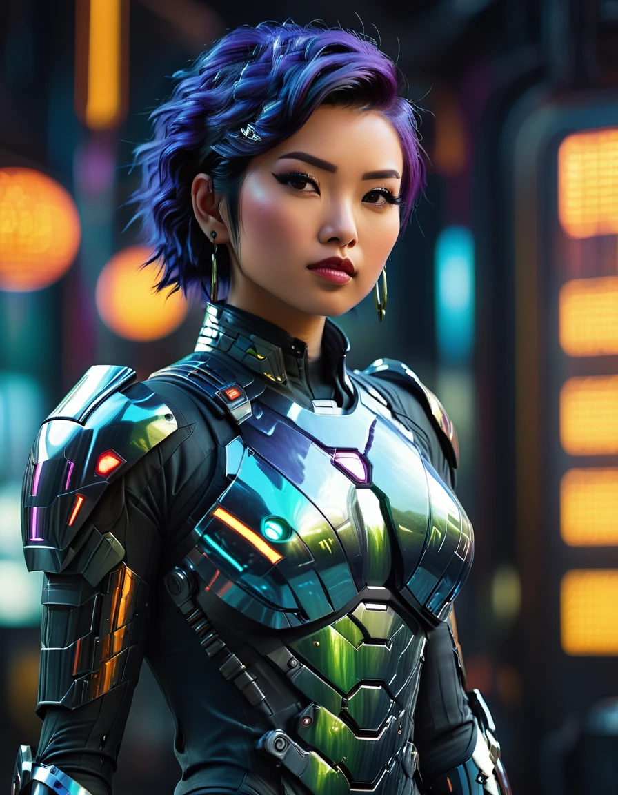 beautiful busty Asian woman, punk hair style, full body view, long legs, tattoo 1girl, futuristic, sci-fi, art deco armor, intricate detailed face, hyper realistic, photorealistic, 8k, (best quality,4k,8k,highres,masterpiece:1.2),ultra-detailed,(realistic,photorealistic,photo-realistic:1.37),HDR,UHD,studio lighting,ultra-fine painting,sharp focus,physically-based rendering,extreme detail description,professional,vivid colors,bokeh,cinematic lighting,dramatic lighting,chiaroscuro,dramatic contrast,moody,cyberpunk,highly detailed