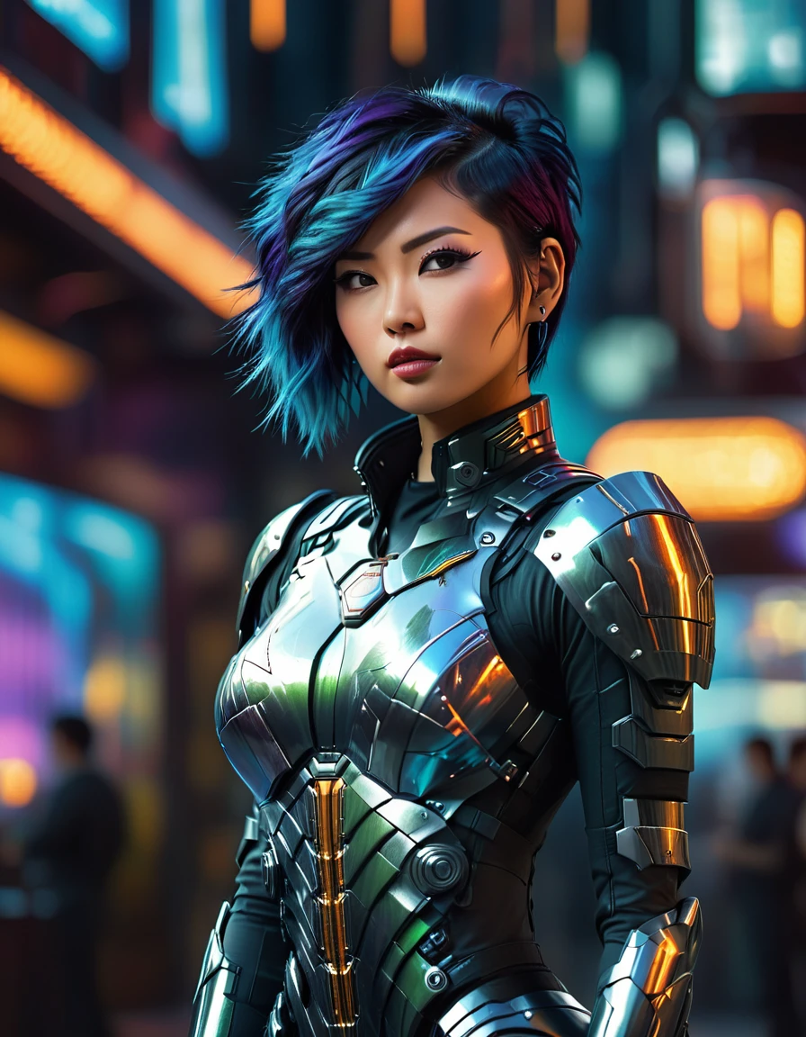 beautiful busty Asian woman, punk hair style, full body view, long legs, tattoo 1girl, futuristic, sci-fi, art deco armor, intricate detailed face, hyper realistic, photorealistic, 8k, (best quality,4k,8k,highres,masterpiece:1.2),ultra-detailed,(realistic,photorealistic,photo-realistic:1.37),HDR,UHD,studio lighting,ultra-fine painting,sharp focus,physically-based rendering,extreme detail description,professional,vivid colors,bokeh,cinematic lighting,dramatic lighting,chiaroscuro,dramatic contrast,moody,cyberpunk,highly detailed