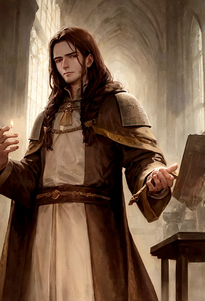 elden ring, portrait art, young man in robe, scholar, brown hair with waist-length braid, no beard, medieval era fantasy