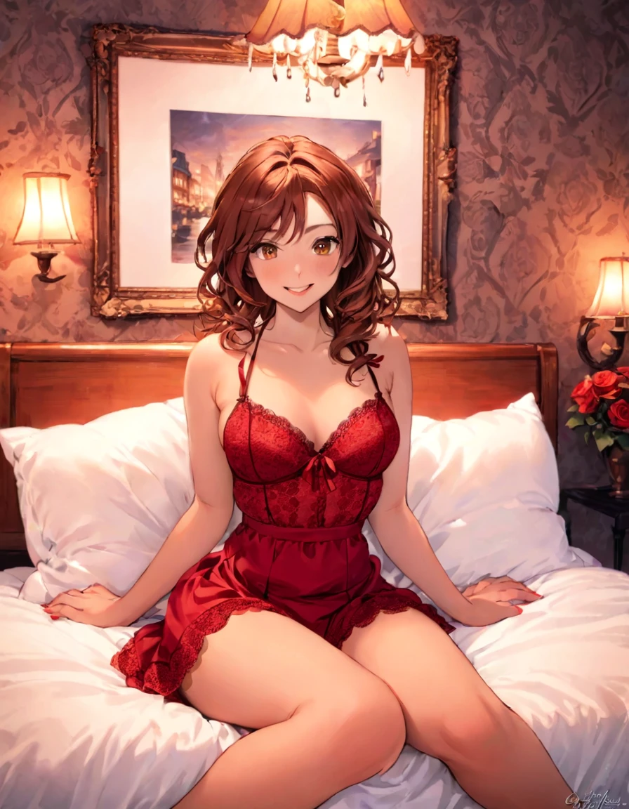 a realistic image of a beautiful woman, Jennifer Anniston, with long, wavy brown hair, wearing red lace lingerie. She is seated on a bed. The background features a romantic setting surrounded with red and white roses, a lamp casting a warm glow, and a framed painting on the wall. The woman has a gentle smile, exuding a warm and inviting presence, with the overall ambiance being cozy and intimate. hyper realistic photo, vibrant colors, 16k