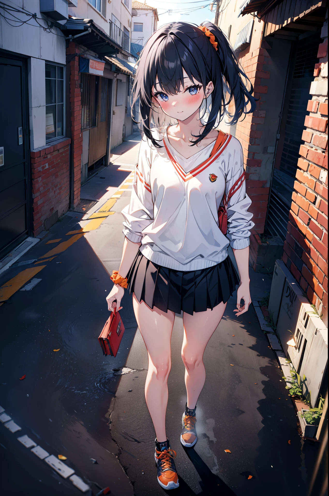 Rikka body, Affluent backstreets, Black Hair, blue eyes, Long Hair, orange Scrunchie, Scrunchie, wrist Scrunchie,happy smile, smile, Open your mouth,blush,Oversized red one-shoulder sweater,mini skirt,short boots,Walking,So that the whole body goes into the illustration,morning,morning陽,The sun is rising,
Destroy outdoors, Building district,
壊す looking at viewer, Systemic
break (masterpiece:1.2), Highest quality, High resolution, unity 8k wallpaper, (figure:0.8), (Beautiful attention to detail:1.6), Highly detailed face, Perfect lighting, Highly detailed CG, (Perfect hands, Perfect Anatomy),
