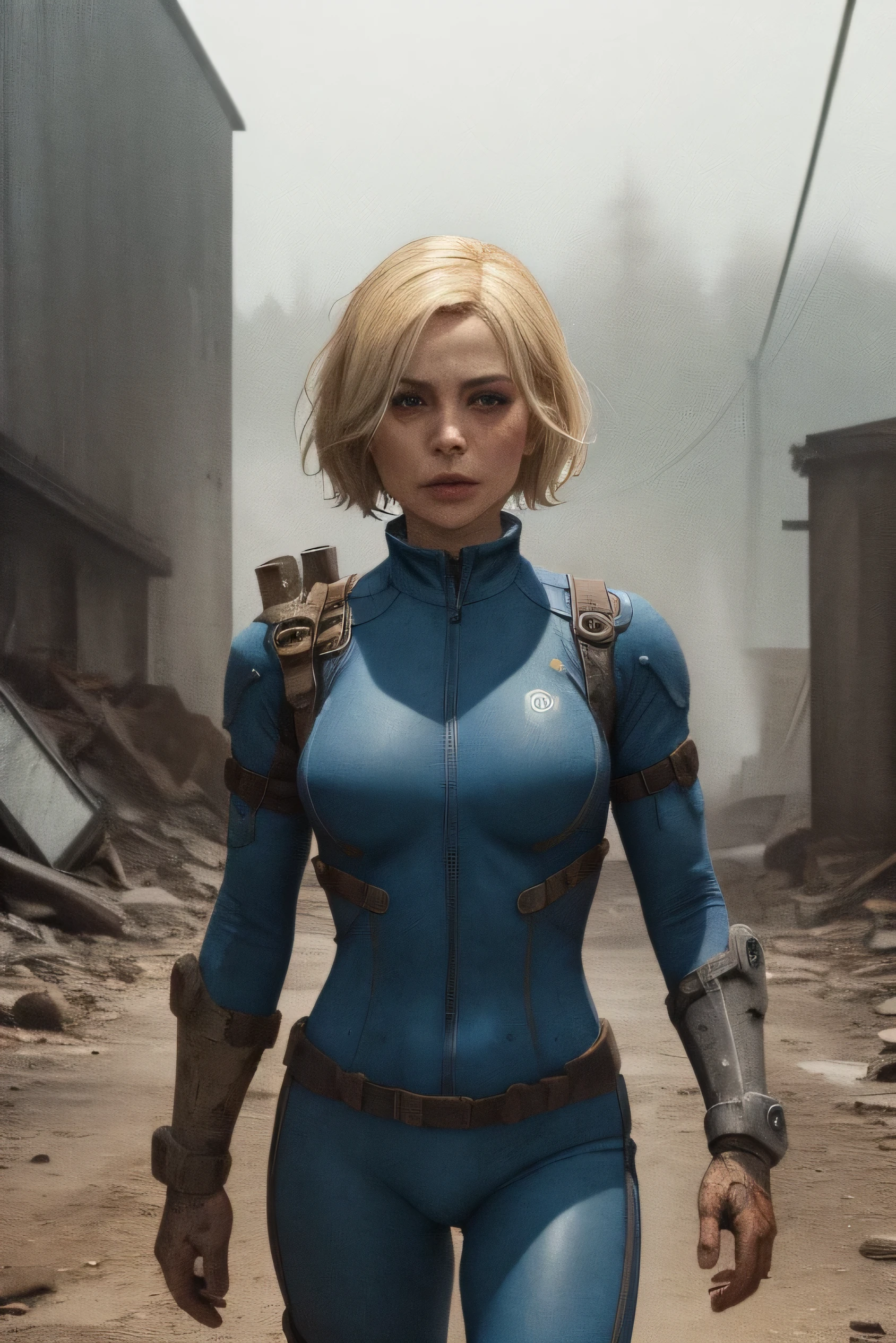 post-apocalypse, fog, (best quality, masterpiece, bokeh, highres), fallout 4, 1girl, blue vaultsuit, VaultGirl, blonde hair, narrowed eyes, short hair, without pipboy3000, leather armored, walking, closed mouth, lake, radiation symbol, upper body, running towards viewer, night, furrowed brow, 
 more grainy 