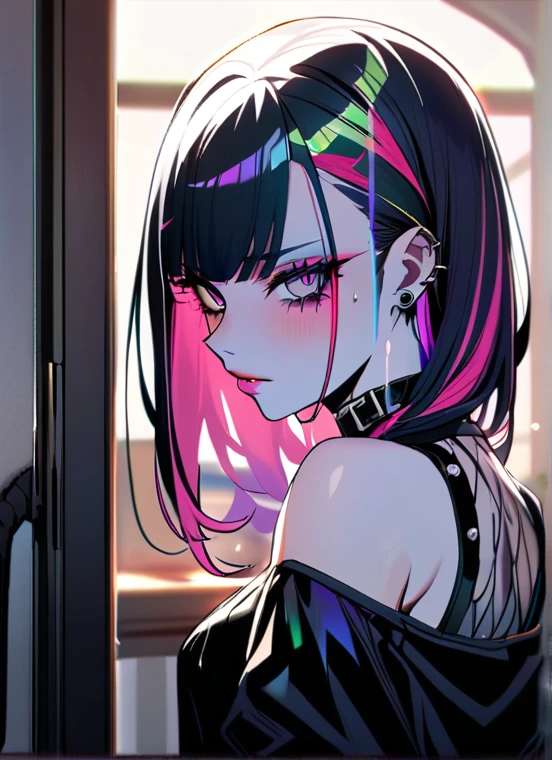 1girl, Holo-Punk Style, goth, masterpiece, best quality, indoors, mascara, lips, eyeliner, pale skin, rainbow hair