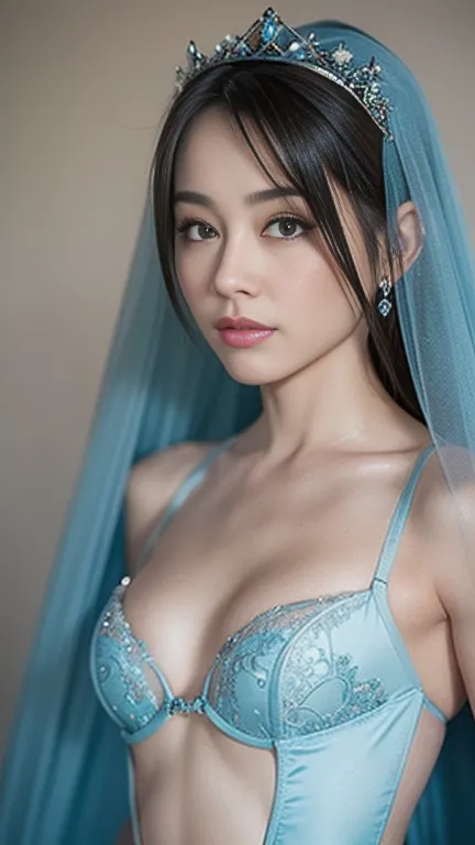 a close up of a woman in a light blue lingerie and a veil, a beautiful fantasy empress, beautiful alluring woman, seductive girl...