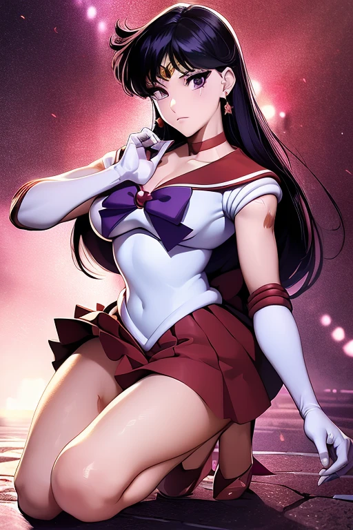 (Very detailed), (masterpiece), (Super detailed),Mid-chest, Detailed hands, Sailor Mars,I'm injured、On one knee、Crippling、(((Her costume is torn and her skin is showing)))、Bleeding、enduring pain、(((Hands tied)))、Under heavy enemy attack、