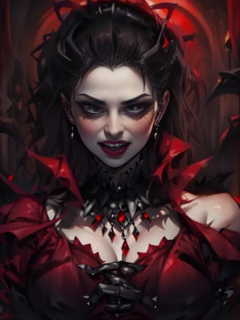 a close-up of a woman in a red dress and vampire makeup, beautiful vampire queen, beautiful vampire female queen, vampire queen,...