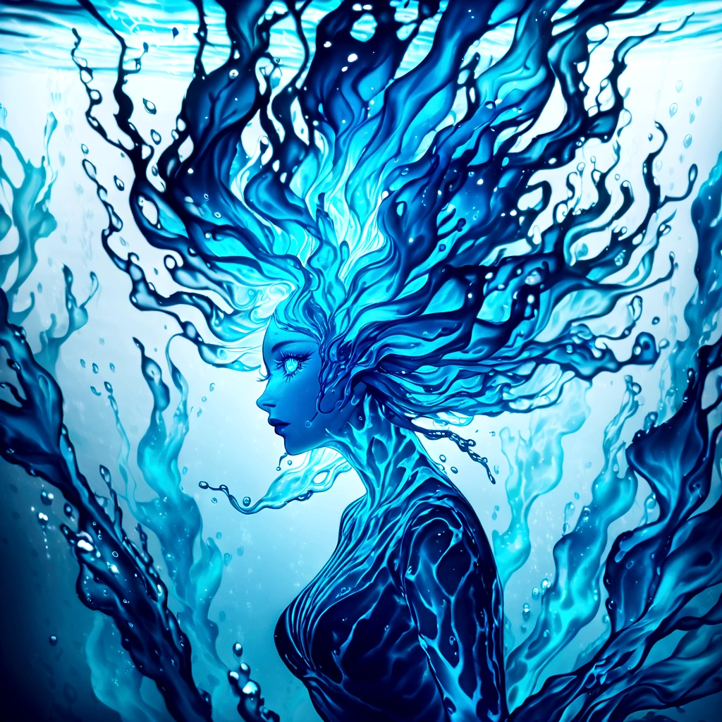 a genasi made of water, woman with water-like skin and flowing blue hair, beautiful detailed eyes, beautiful detailed lips, extremely detailed face, long eyelashes, graceful pose, underwater scene, glowing bioluminescent plants, ethereal lighting, cinematic, dramatic, vibrant colors, fantasy, digital painting, 8k, hyper detailed, masterpiece